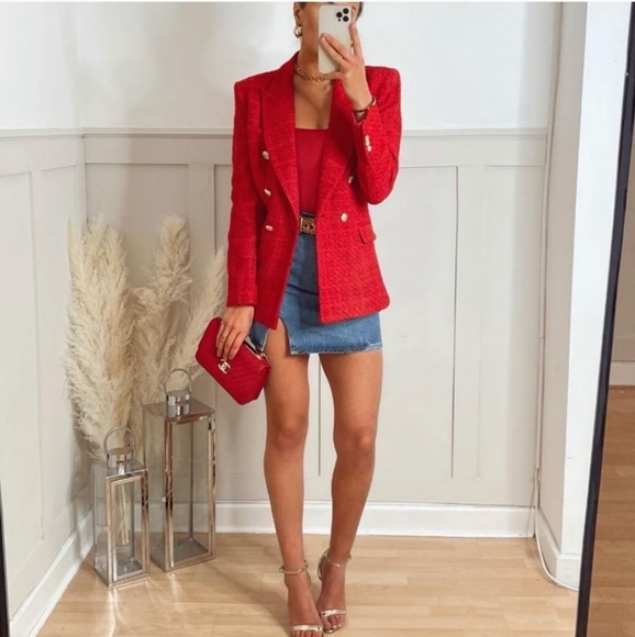 ZARA RED TEXTURED TWEED DOUBLE-BREASTED BLAZER size XS Kate Middleton - Picture 4 of 16